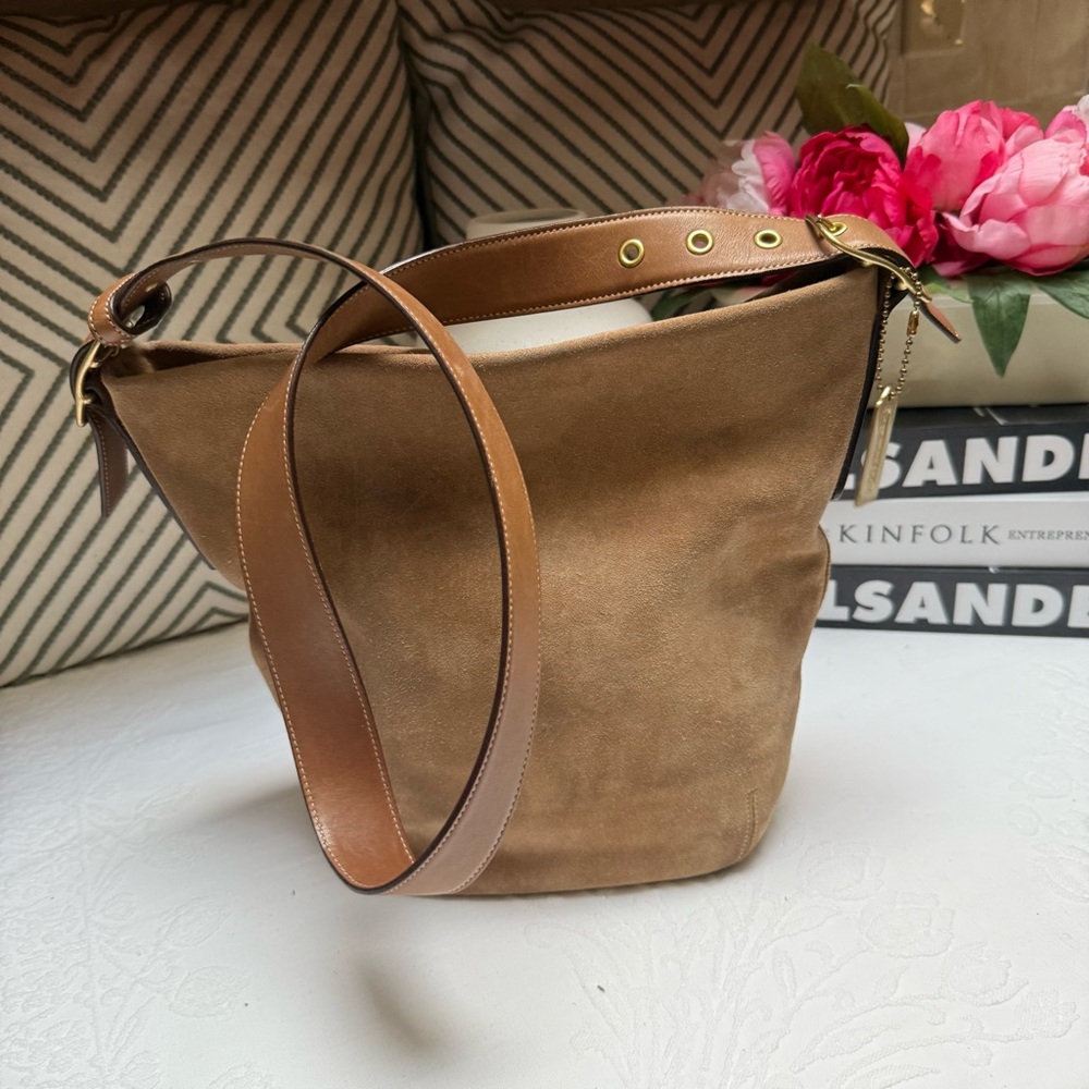 Coach Brown Suede Shoulder Bag with Tan Leather Strap